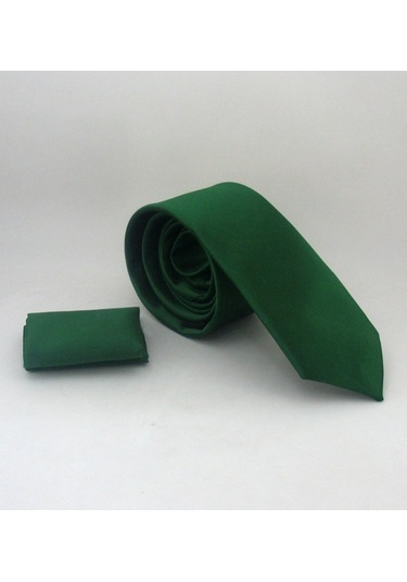 Zümrüt Yeşili Slim Fit Düz Renk Mendilli Saten Kravat - SS-28 Yeşil