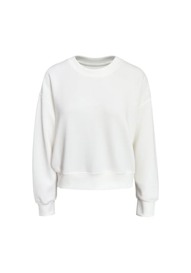 Kadın Beyaz Bisiklet Yaka Sweatshirt Beyaz