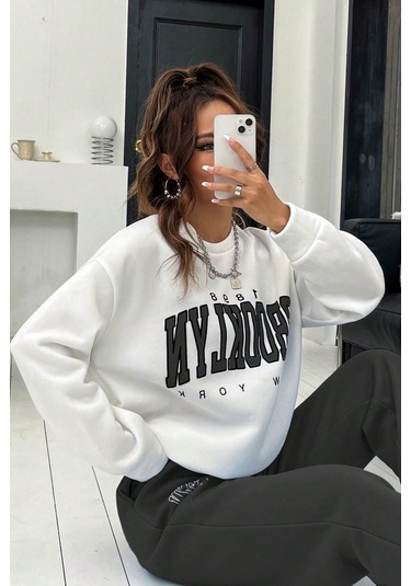 Modagen Kadın Antrasit Beyaz Brooklyn Baskı Oversize Bisiklet Yaka Alt Üst Eşofman Takımı Antrasit-beyaz