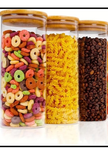 3 Adet 1300 Ml Bambu Kapaklı Yuvarlak Bakliyat Seti Kavanozu