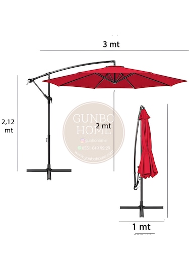 Gunbo Home 3 Mt 8 Kaburga Full Demir 21 Kg Kırmızı Bahçe Şemsiyes