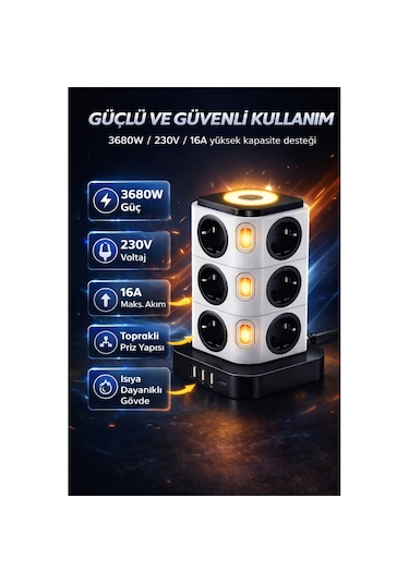 12 Li Kule Tipi Çoklu Priz 3 Usb 1 Type-c Gece Lambalı 3680w Bağımsız Anahtarlı 1 - 3 M