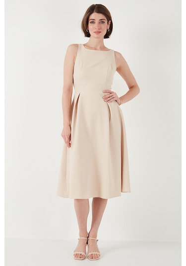 Lela Bisiklet Yaka Regular Fit Cepli Pileli Midi Bayan Elbise 6051963 Taş