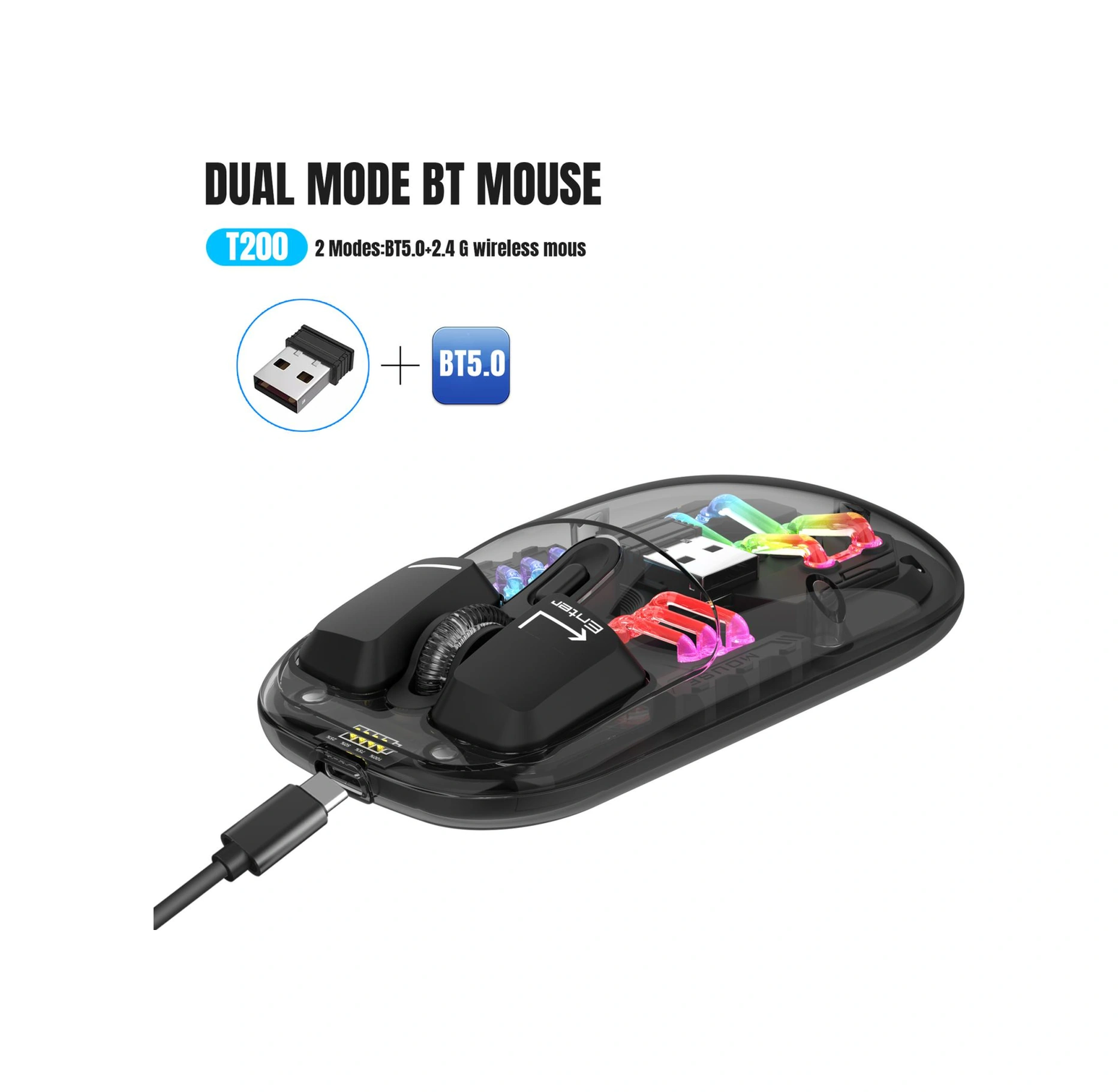 Sones Hxsj T200 Çift Modlu 2.4g Bt5.0 Şeffaf Rgb Kablosuz Fare Diğer