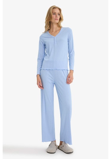 Defacto Pijama Takımı Regular Fit Ribana Uzun Kollu Üst Uzun Alt-fall İn Love D2273ax25aube551 Mavi