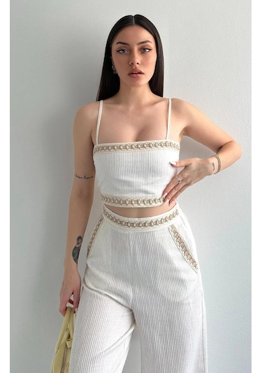 Çizgi Dokulu Dantel Şeritli Cepli Beli Lastikli Pantolon Sırt Lastikli Spor Büstiyer Keten Takım Bej