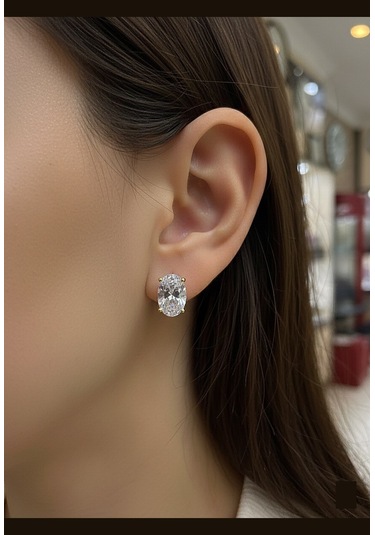 Gümüş Oval 12x8 Mm 4,5 Carat Altın Kaplama Tektaş Küpe Sarı
