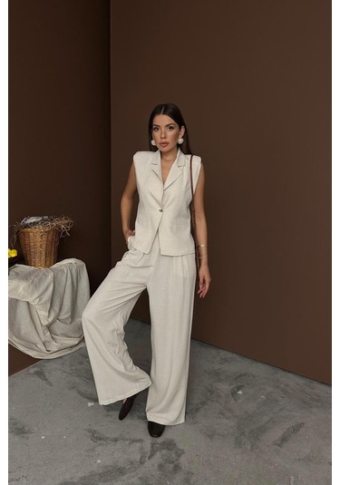 Sensuelle Bej Keten Yelek Pantolon Takım Bej