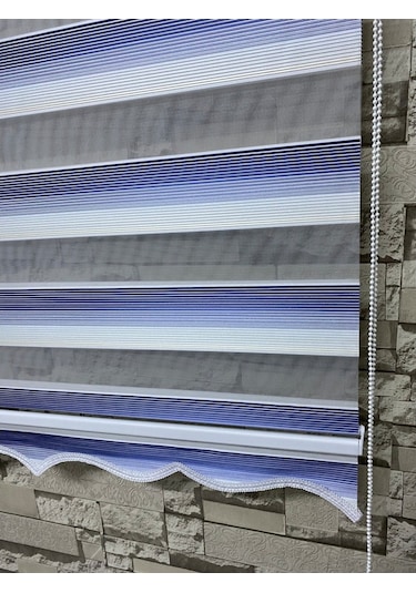 Mavi Gri Mini Plise Zebra Perde (Etekli)