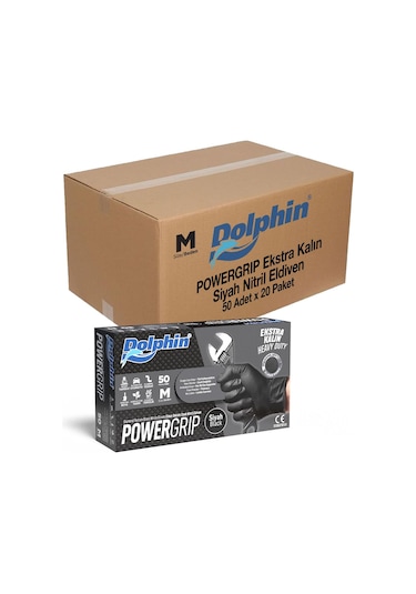 Dolphin Nitril Powergrip Ekstra Kalın Elmas Dokulu Eldiven Siyah Meidum Orta Boy - 50'li 3 Paket