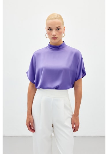 Sateen Yarasa Kol Salaş Bluz - Lila-136189 LILA