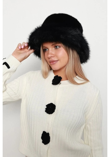 Kadın Peluş Bucket Kalpak Şapka 1143 Rkş-14 Siyah Siyah