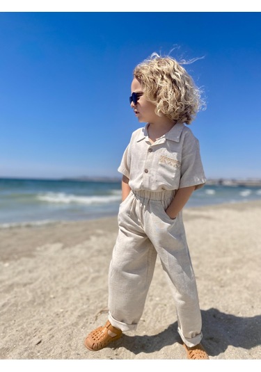 Cebi Nakışlı Gömlek Pantolon Keten Erkek Çocuk Takım Natural