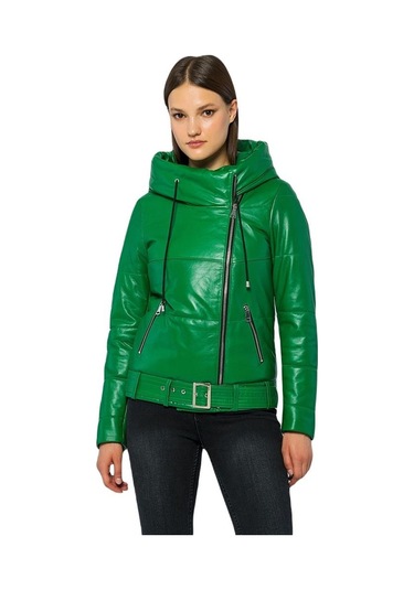 Basics&more Kadın Kapüşonlu Şişme Hakiki Deri Ceket - Elle 001