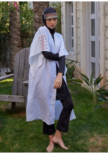 Mayovera Kimono - Nakışlı Beyaz %100 Keten Plaj Elbisesi Beyaz