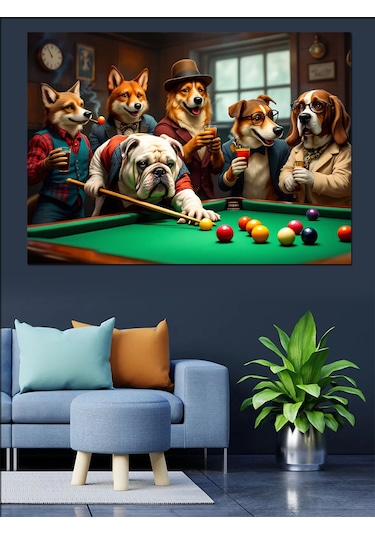 Bilardo Masasında Köpekler Dekoratif Kanvas - Mdf Ahşap Tablo