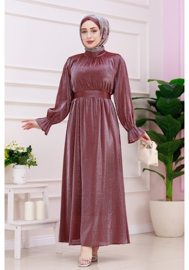 Kolu Volanlı Simli Alya Abiye-bordo-4870