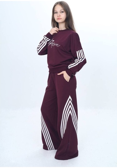 Kız Çocuk %100 Pamuk Şeritli Oversize 2 İplik Alt&üst Eşofman Takımı-305-eşt-0009 MÜRDÜM