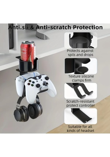 Xuweiwei Kwtoul Siyah Alüminyum Oyun Kumandası Tutucu 3ü 1 Arada Masa Bardak Tutucu 360 Derece Dönüşlü Kulaklık Standı Evrensel Uyumlu Siyah