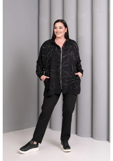 Kapüşonlu Fermuarlı Taş Baskılı Ceket Siyah
