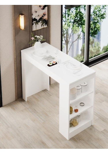Shelfy Bar Raflı Yemek Masası Beyaz Beyaz