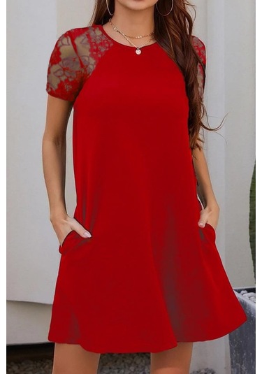 Kol Dantel Viskon Elbise Kırmızı