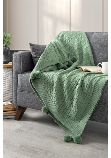 Ponponlu Triko Örme Tv Battaniyesi Koltuk & Omuz Şalı & Diz Battaniyesi 130x170 Cm-mint Yeşili Mint Yeşili