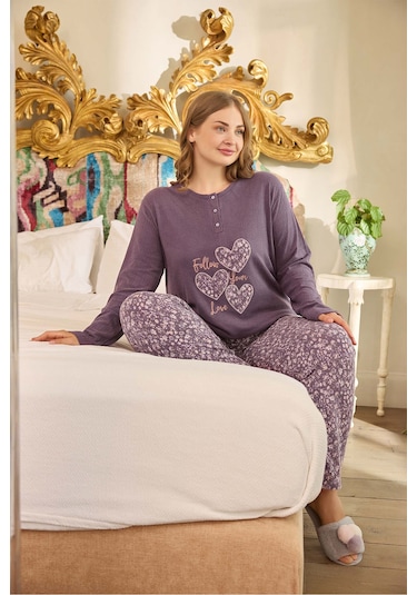 Aydoğan Kadın Suzi Büyük Beden Termal Erik Moru Pijama Takım 0683 Mor