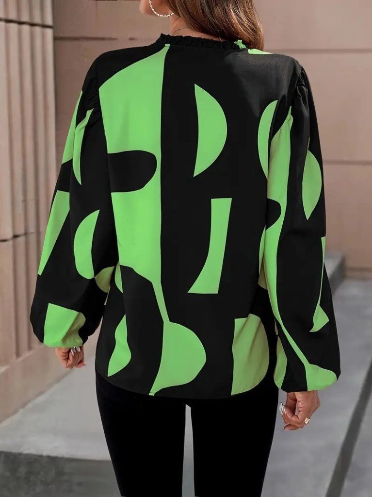 Nova Bazaar Kadın Uzun Kollu V Yakalı Desenli Modal Bluz Yeşil