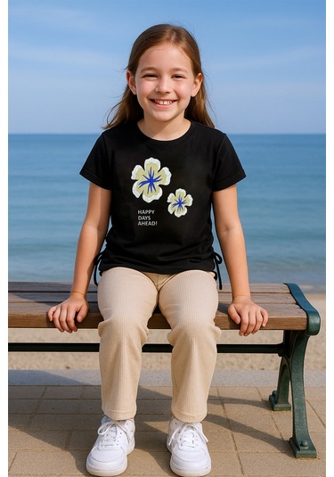 Kız Çocuk Yazlık İkili Takım Çiçek Baskılı E35 Siyah