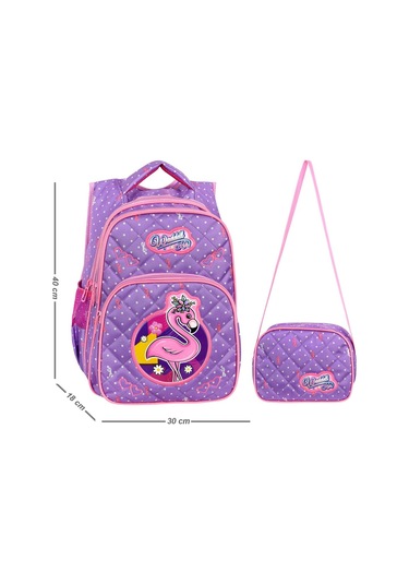 Waddell Lisanslı Lila Flamingo Desenli Emboos İlköğretim Okul Sırt Çantası Ve Beslenme Çantası