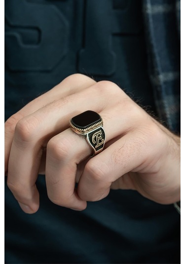 Yüzük Sanatı Oniks Taşlı Harfli 925 Gümüş Erkek Yüzük