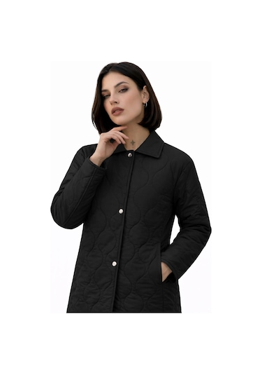 Kadın Desenli Çıtçıtlı Çift Cepli Oversize Kapitone Ceket-391 Siyah
