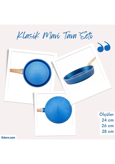 Febern Premium Bio Granit Alüminyum Döküm Nisch Tava Seti Klasik Mavi-açık Ahşap Kulp