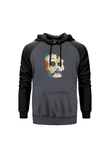 Guitar Skull Gri Reglan Kol Kapşonlu Unisex Sweatshirt Gri