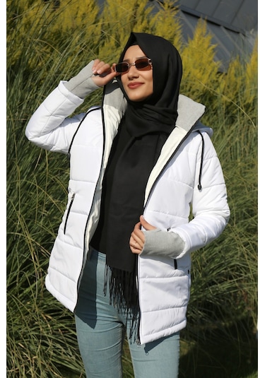 Barbora Kışlık Kapüşonlu Uzun Kadın Şişme Tesettür Mont 805beyaztesettür