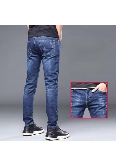 Kot Erkek Yaz Streç Tüm Eşleşen Dar Kesim Pantolon İş Rahat Tüm Maç Uzun Pantolon Dar Kesim Düz Bacak Pantolon Erkek Mavi