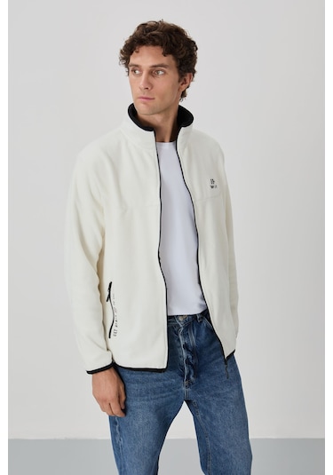 Tommy Life Ekru Yazı Nakışlı Dik Yaka Fermuarlı Standart Kalıp Erkek Sweatshirt Polar - 87992 Ekru