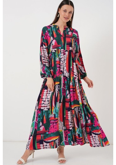 2423 Otantik Desenli Tesettür Elbise - Çok Renkli 2 Çok renkli