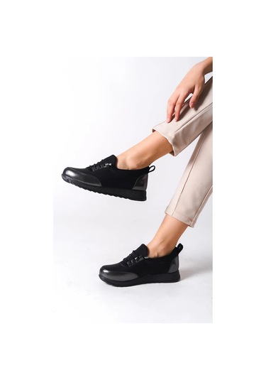 Kadın Galina Siyah Platın Bağcıklı Lastikli Ortopedik Rahat Taban Taş Detaylı Günlük Babet Anne Ayakkabısı-siyah Platin Siyah