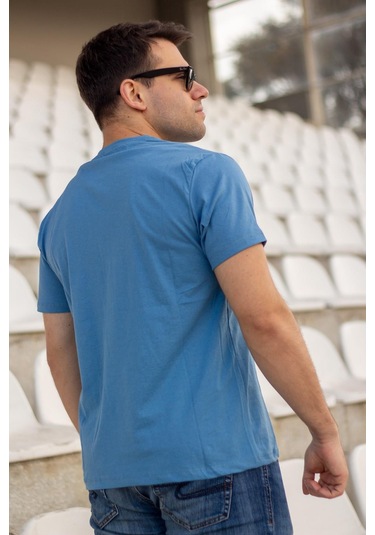 Erkek İndigo Çizgi Baskılı Normal Kesim Bisiklet Yaka Erkek Tişört 22etshmros 001