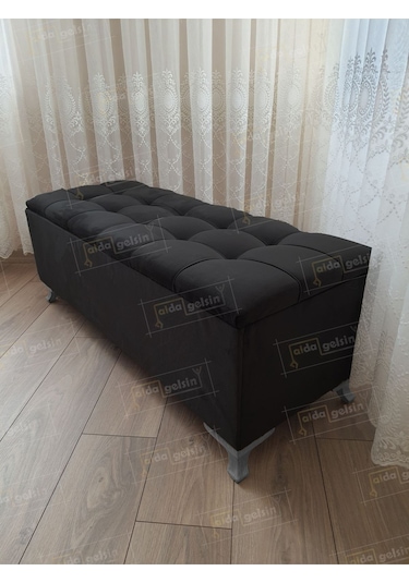 Çizgi Kapitoneli Sandıklı Puf 110 Cm Gümüş Ayak Siyah