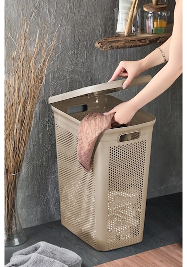 İronika Slim İki Bölmeli Kapaklı Dekoratif Kirli Çamaşır Sepeti 90 Litre Kahve - Beyaz Kahve
