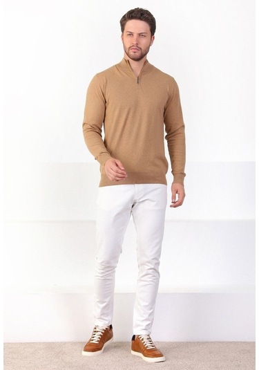 Ferraro Camel Dik Yaka Düz Renk Pamuk Erkek Kazak Camel