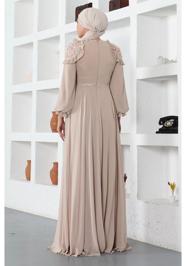 Omuz Detaylı Tesettür Abiye Elbise 727-bej Bej