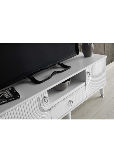 130 CM ART MDF MEBRAN KAPAK TV SEHPASI BEYAZ - GÜMÜŞ