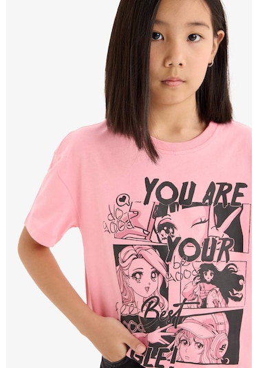 DeFacto Kız Çocuk Relax Fit Bisiklet Yaka Baskılı Kısa Kollu Tişört E0355A825SMPN323 Pembe