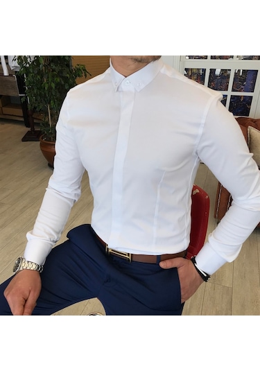 Italyan Kesim Slim Fit Erkek Küçük Yaka Gömlek Beyaz T4800