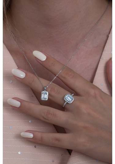 Gümüş Tek Taş Baget Set Kolye Yüzük J Küpe Wss12