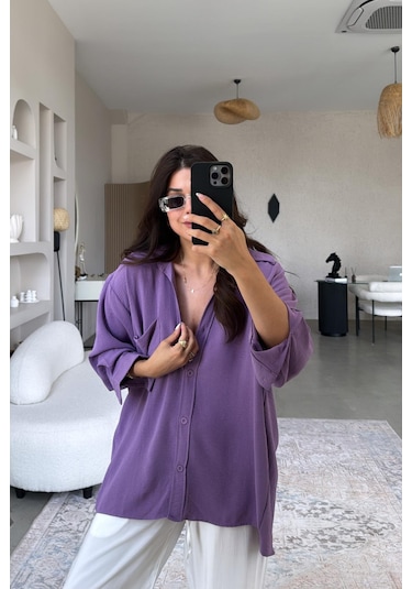 Paw Garage Kadın Flory Ayrobin Oversize Tek Cep Gömlek Mor